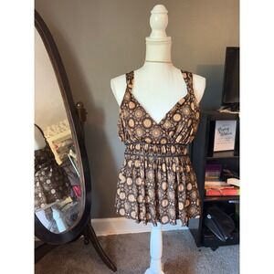 Studio Y2K Brown Boho Floral Halter Top Ring Back‎ Babydoll Tank Size Large